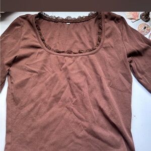 Brown Lace-Trim Long Sleeve Women's Top
